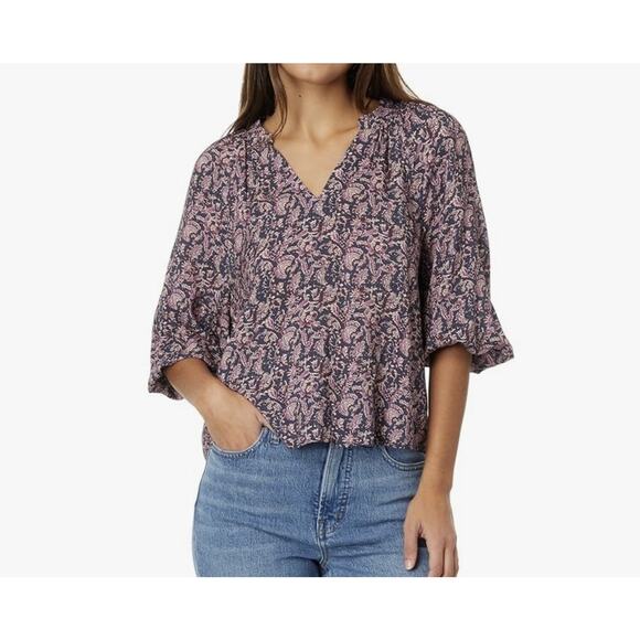 Faherty Portia Top Womens Large Blue Purple Fiona Block Print ECOVERO Blouse NWT - Picture 1 of 12